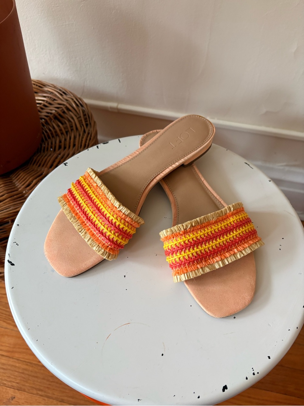 LOFT Peach Slide Sandals with Orange & Yellow Woven Strap